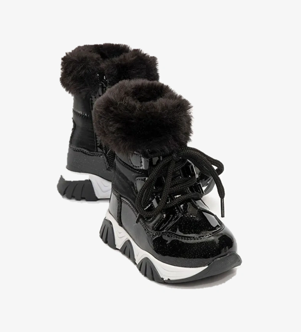 Kız Çocuk Siyah Simli Rugan Deri Suya Dayanıklı Kürklü Günlük Bot