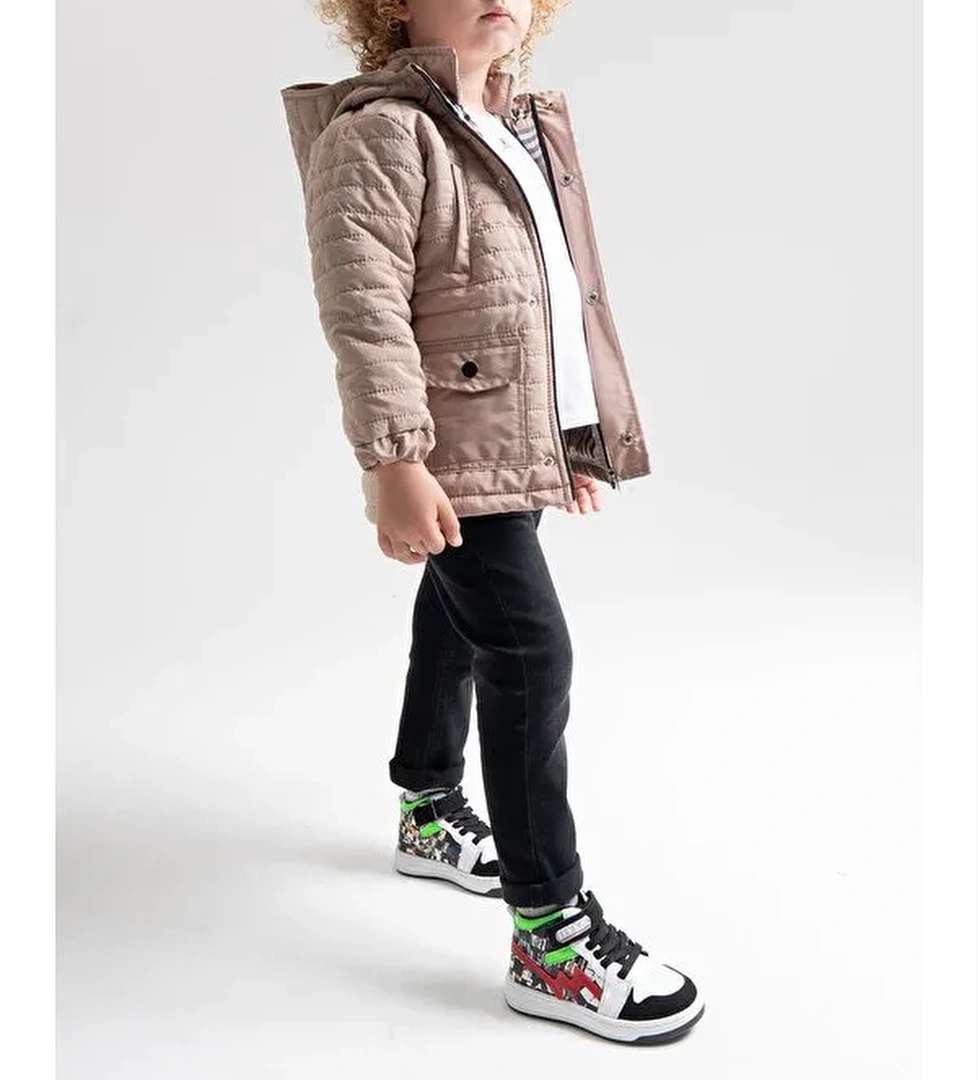 Unisex Çocuk Siyah Baskı Hakiki Deri Anatomik Günlük Bot