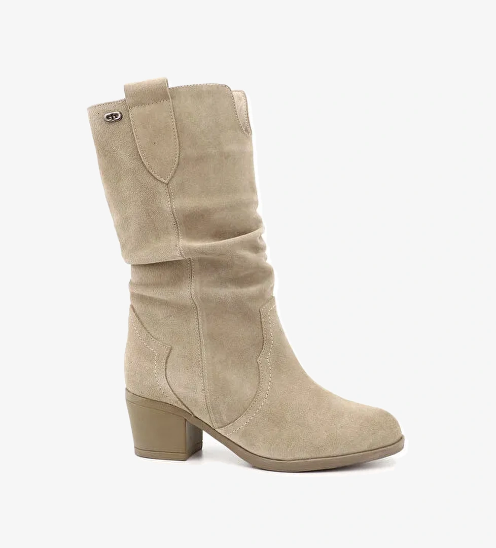 Kadın BEJ Kalın Topuklu Körüklü Hakiki Deri Çizme - Görsel 1