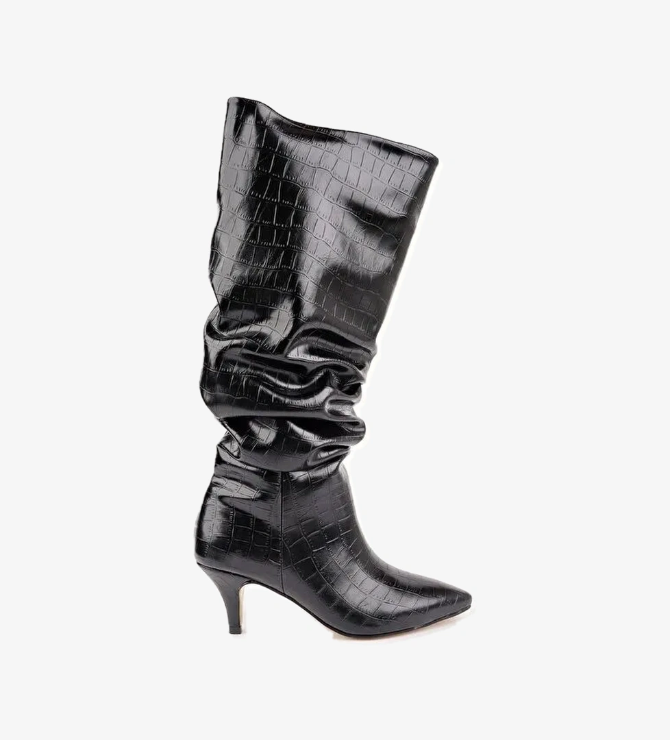 RUMBA Sivri Burun Kırışık Kroko Desenli İnce Topuklu Kadın Çizme - Görsel 1