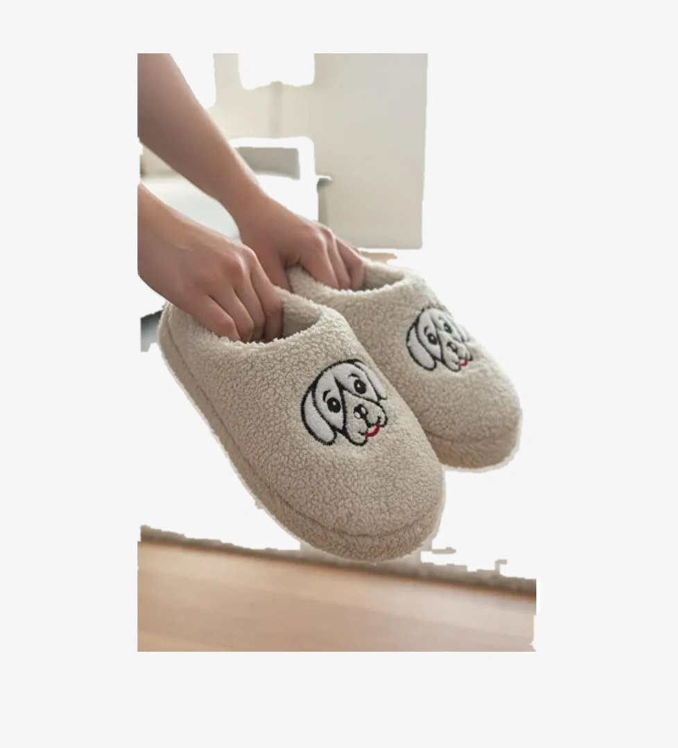Ft 102 Köpek Nakışlı Kadın Ev Terliği Pelüş Terlik Çeyiz ve Bohça Terliği Ses Yapmaz Kalın Taban - Görsel 1