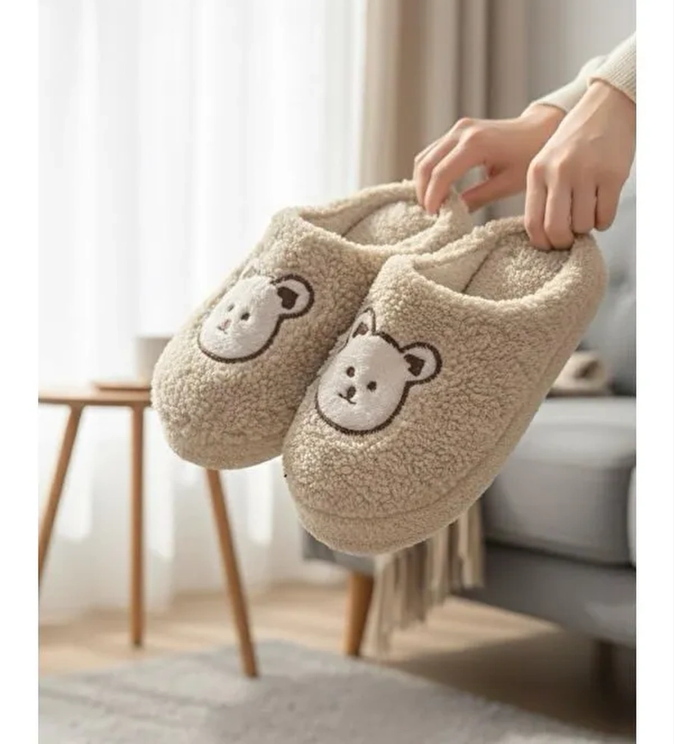 Ft 103 Panda Nakışlı Kadın Ev Terliği Pelüş Terlik Çeyiz ve Bohça Terliği Ses Yapmaz Kalın Taban - Görsel 1