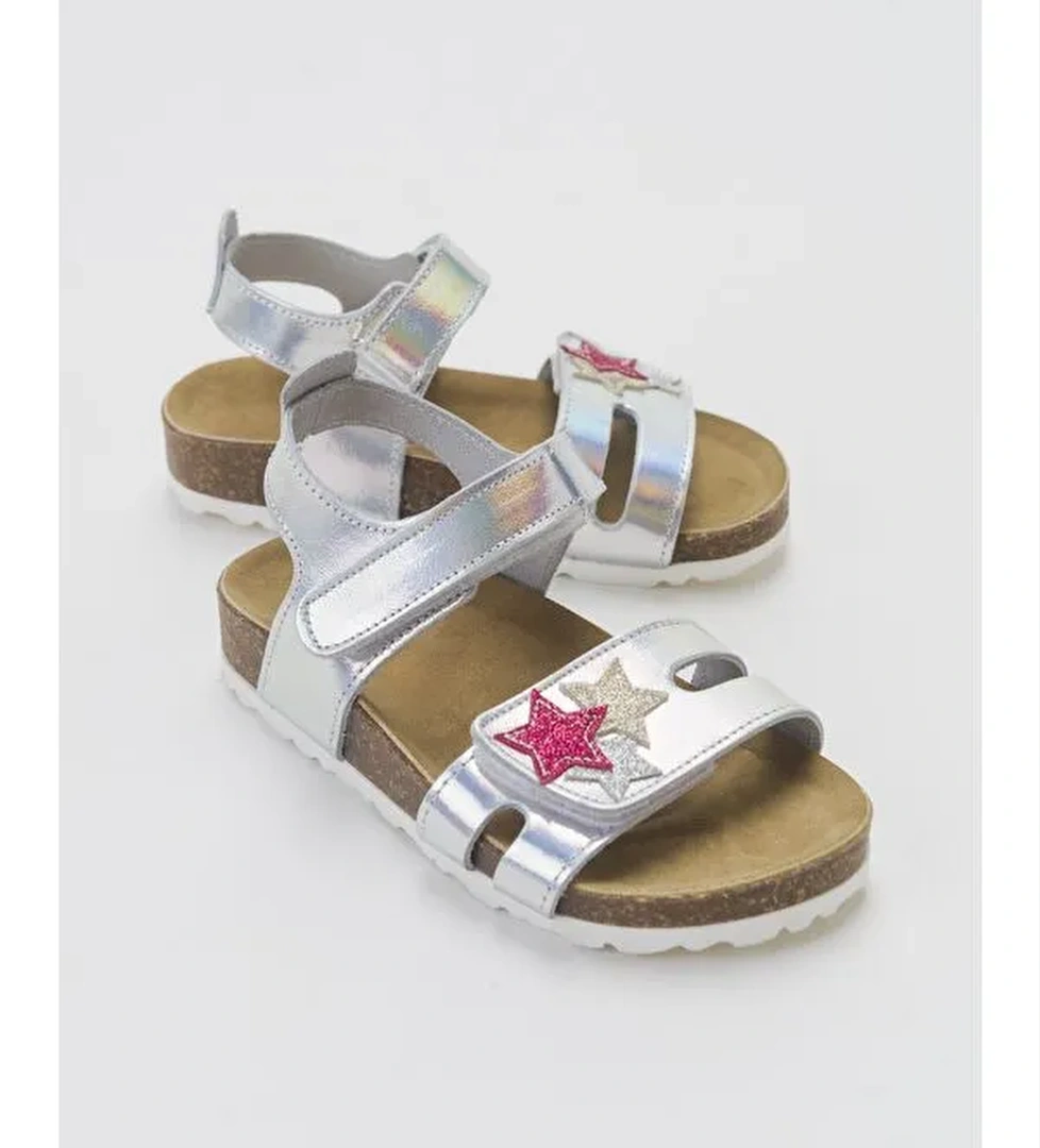 Kız Çocuk Gümüş Hakiki Deri Günlük Çocuk Sandalet