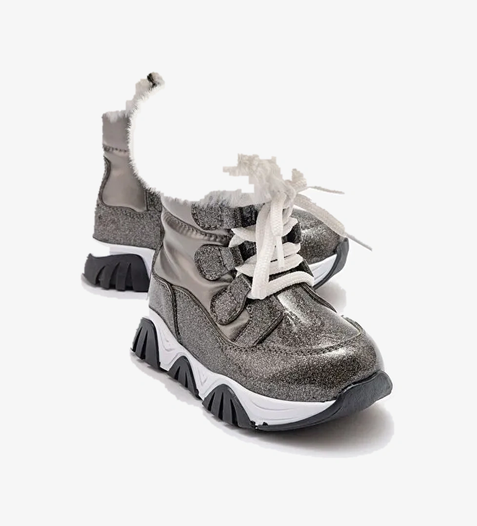 Kız Çocuk Platin Simli Rugan Deri Suya Dayanıklı Kürklü Günlük Bot