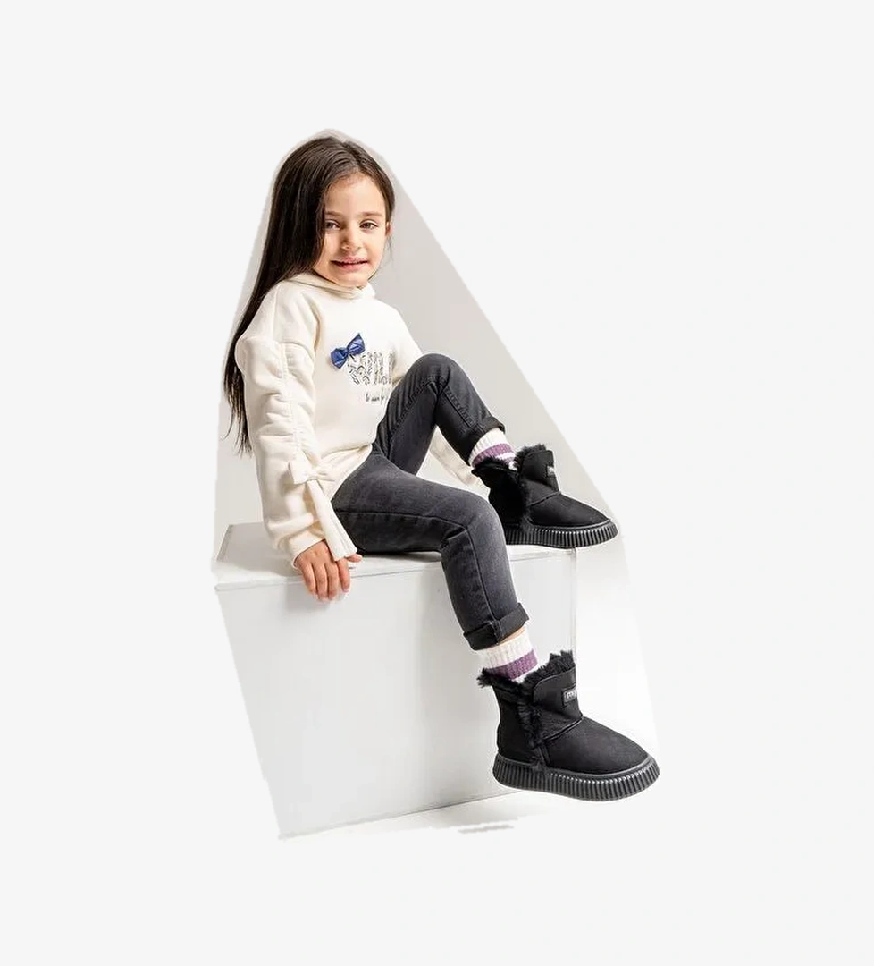 Kız Çocuk Siyah Hakiki Deri Hakiki Kürklü Suya Dayanıklı Bot