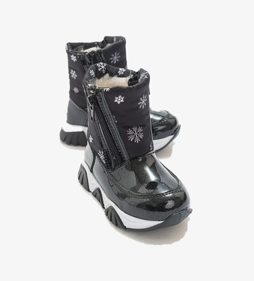 Kız Çocuk Siyah Simli Rugan Deri Suya Dayanıklı Kürklü Günlük Bot - Görsel 1