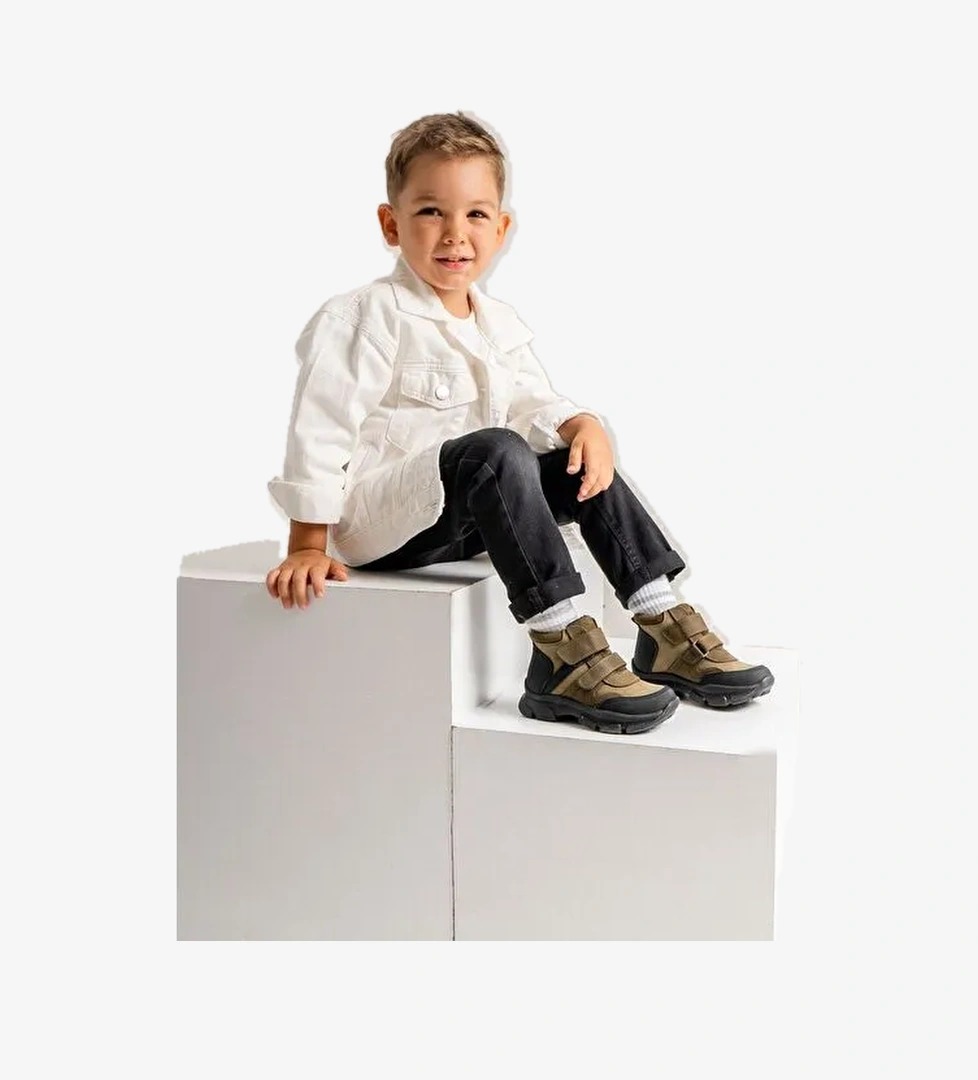 Erkek Çocuk Haki Hakiki Deri Suya Dayanıklı Günlük Bot