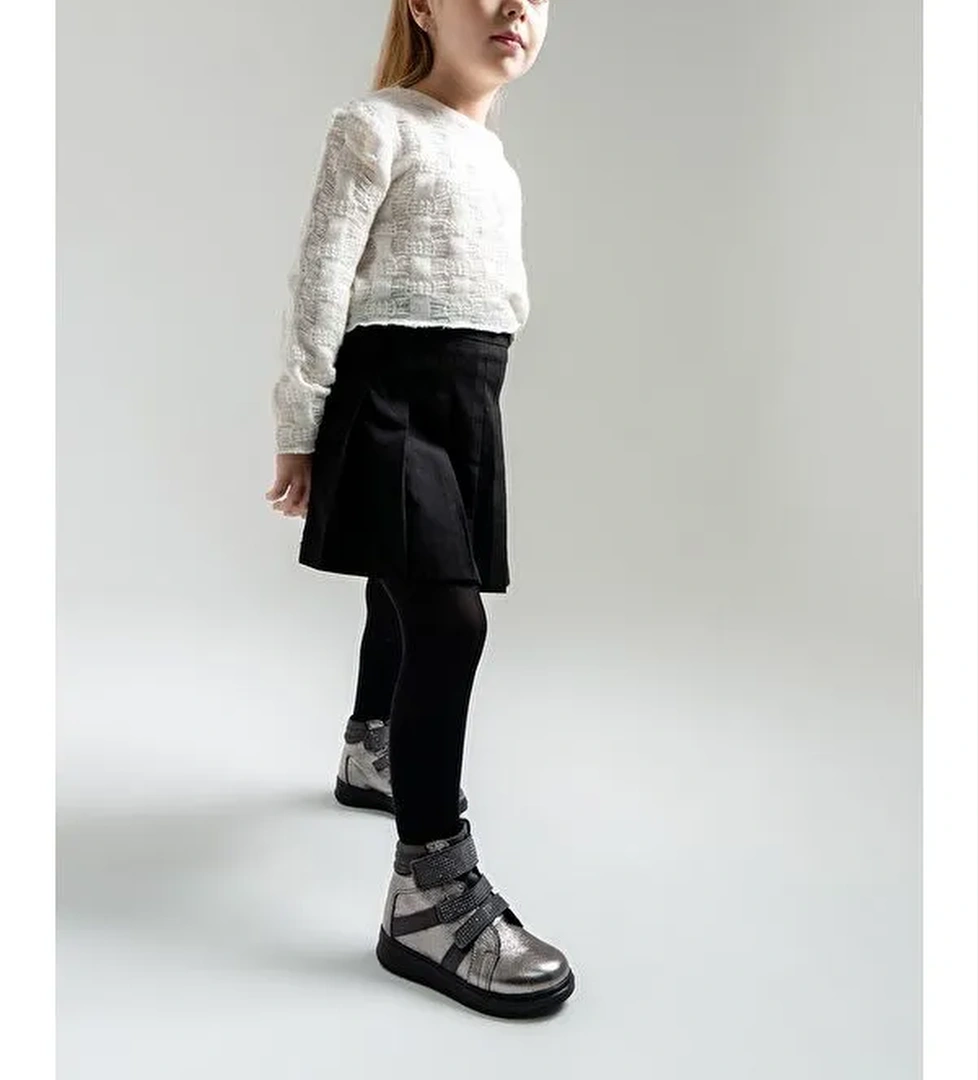 Kız Çocuk Gümüş Hakiki Deri Suya Dayanıklı Günlük Bot - Görsel 1