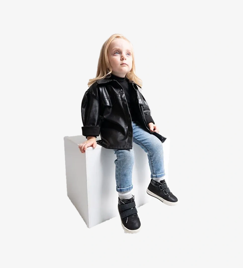 Kız Çocuk Siyah Hakiki Deri Suya Dayanıklı Anatomik Günlük Bot