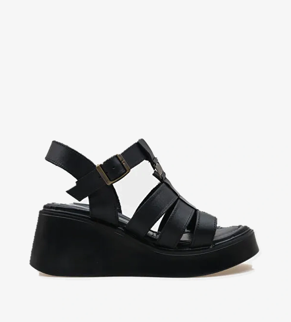 Sofia Dolgu Topuklu Hakiki Deri Bantlı Konfor Kadın Sandalet - Görsel 1