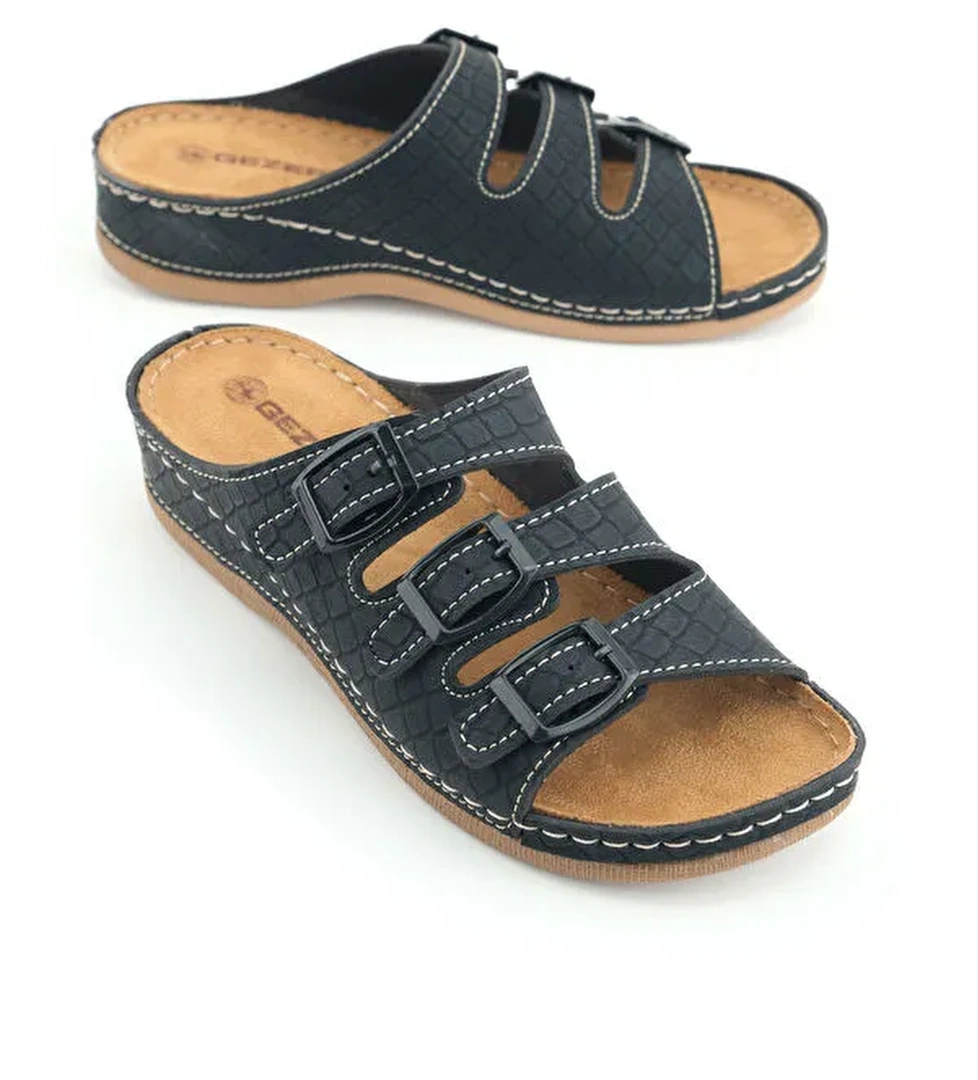 Kadın Yazlık Yüksek Topuk Mikrofiber Rahat Taban Üç Toka Ayarlanabilir Günlük Terlik - Görsel 1