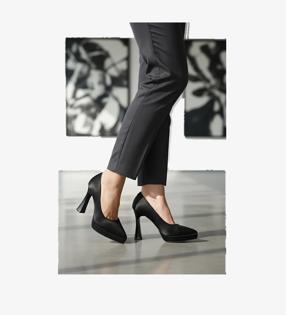 Siyah Saten İnce Uzun Kadın Topuklu Ayakkabı 448206 Z