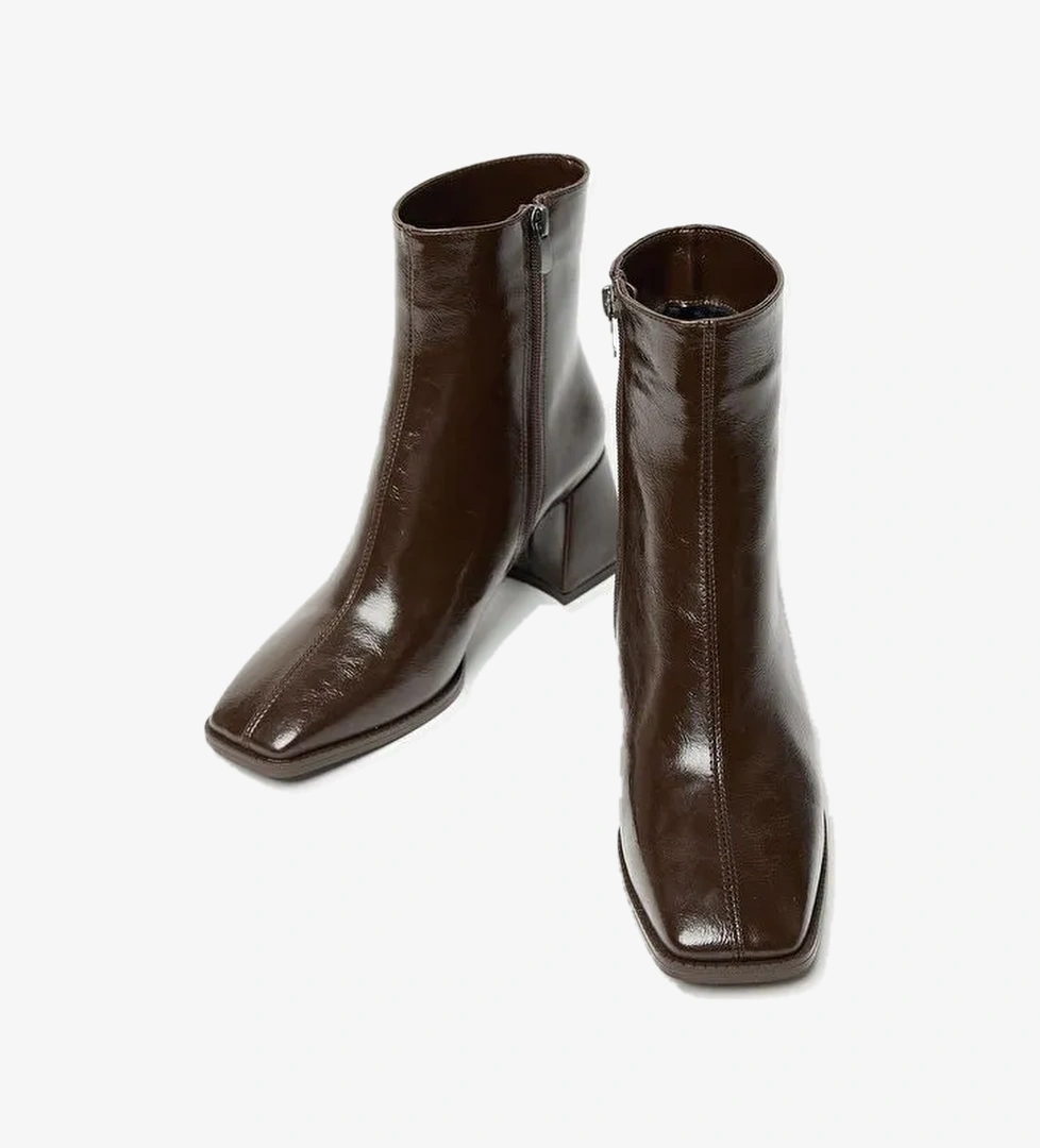 Madamra Kadın Bot & Bootie Küt Burun Topuklu Kontrast Pu Deri Fermuarlı model görseli