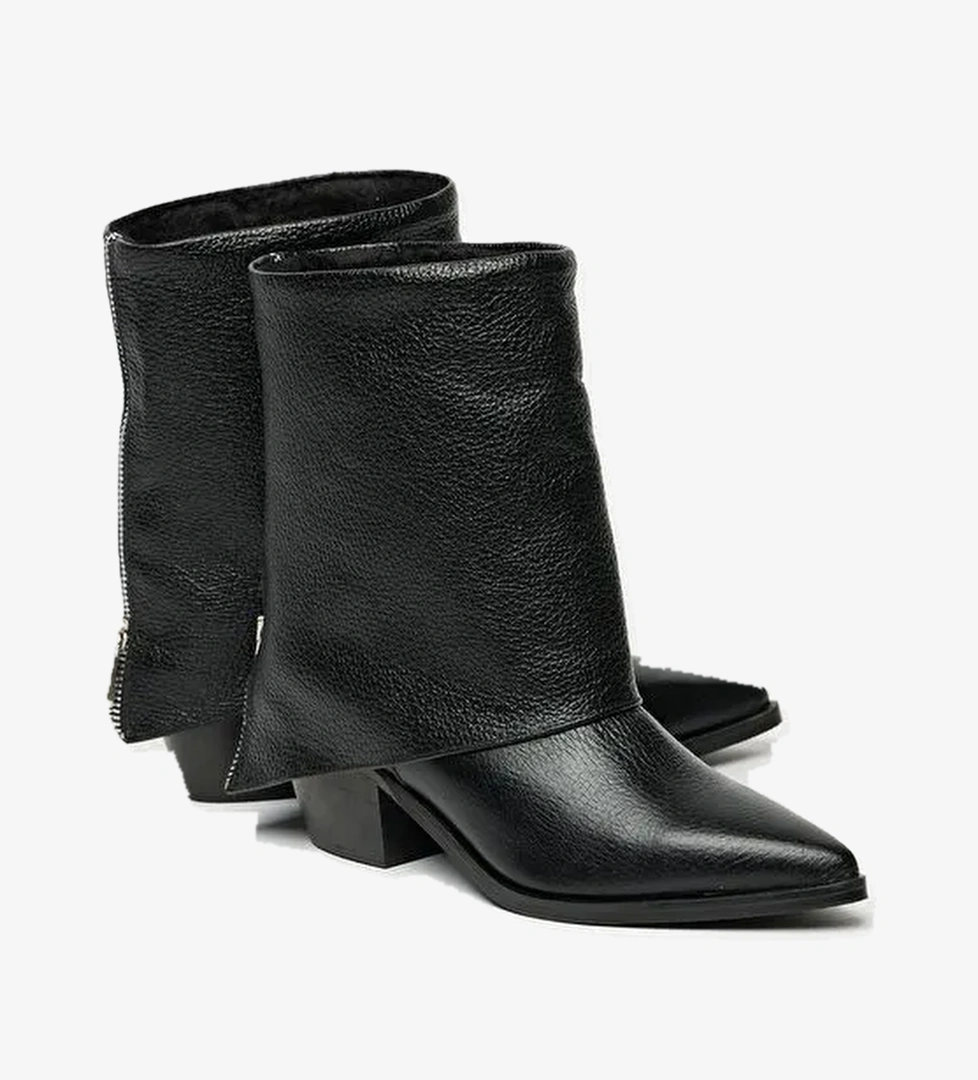 Kadın Siyah Hakiki Deri Western Topuklu Bot – Sivri Burun & Fermuar Aksesuarlı - Görsel 1