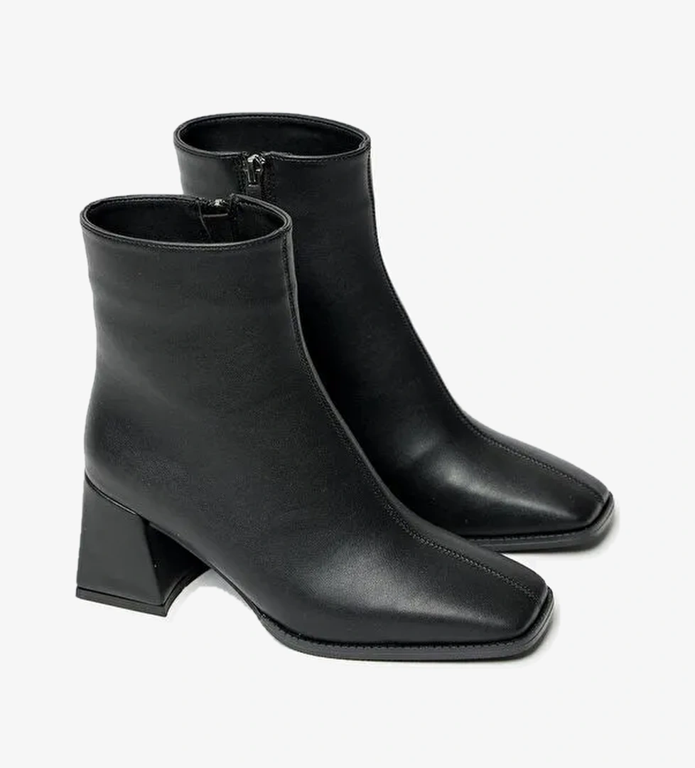 Kadın Siyah Bot & Bootie Küt Burun Topuklu Kontrast Pu Deri Fermuarlı