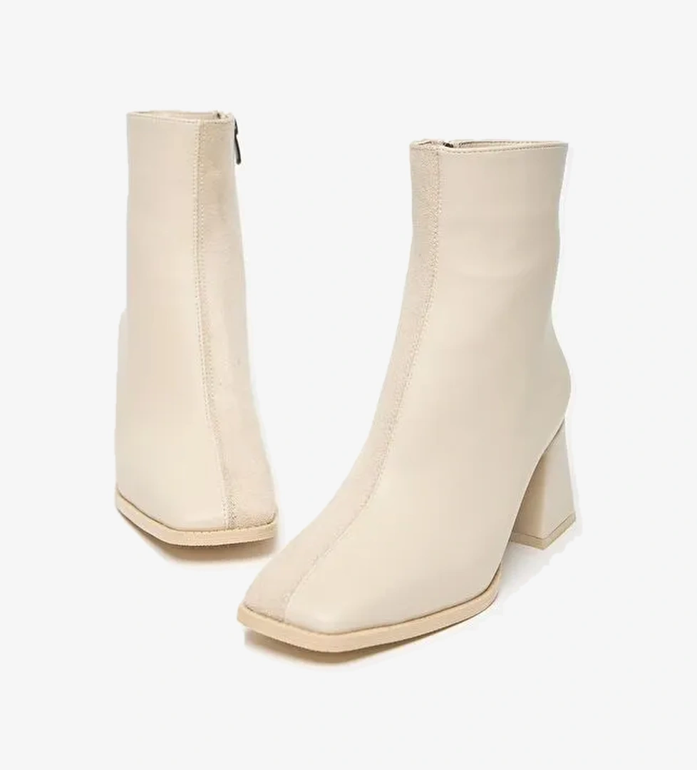 Kadın Bej Süet Bot & Bootie Küt Burun Topuklu Kontrast Pu Deri Fermuarlı