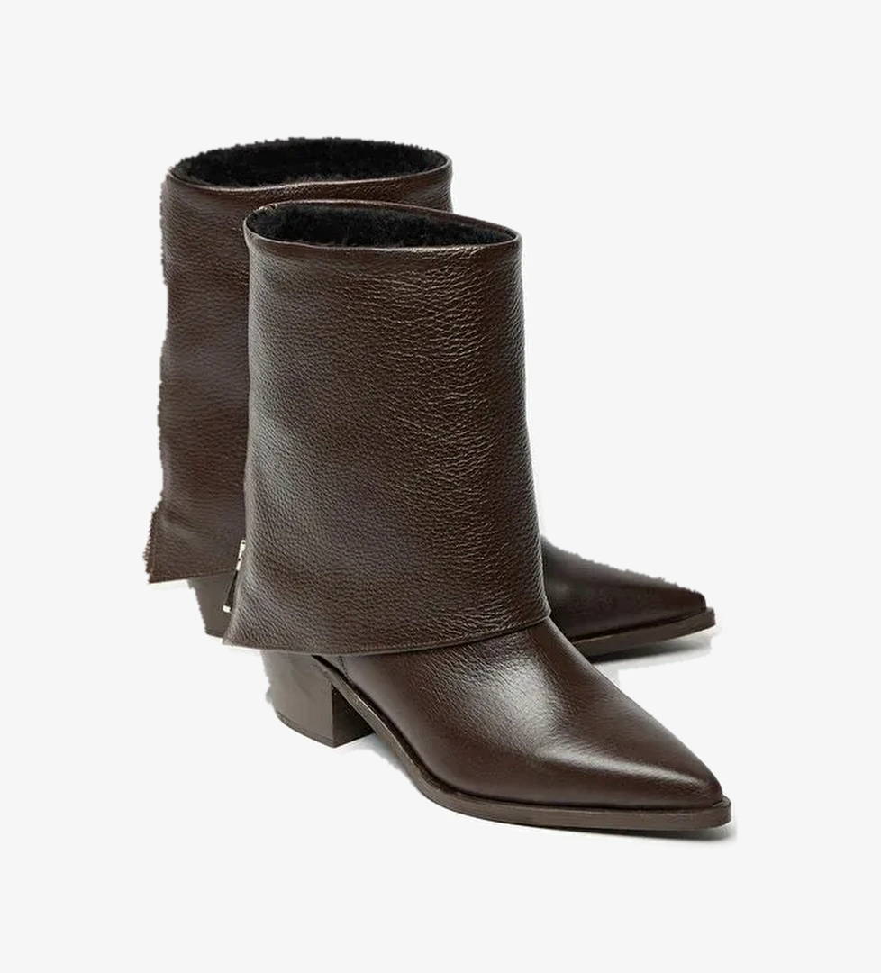 Kadın Kahverengi Hakiki Deri Western Topuklu Bot – Sivri Burun & Fermuar Aksesuarlı