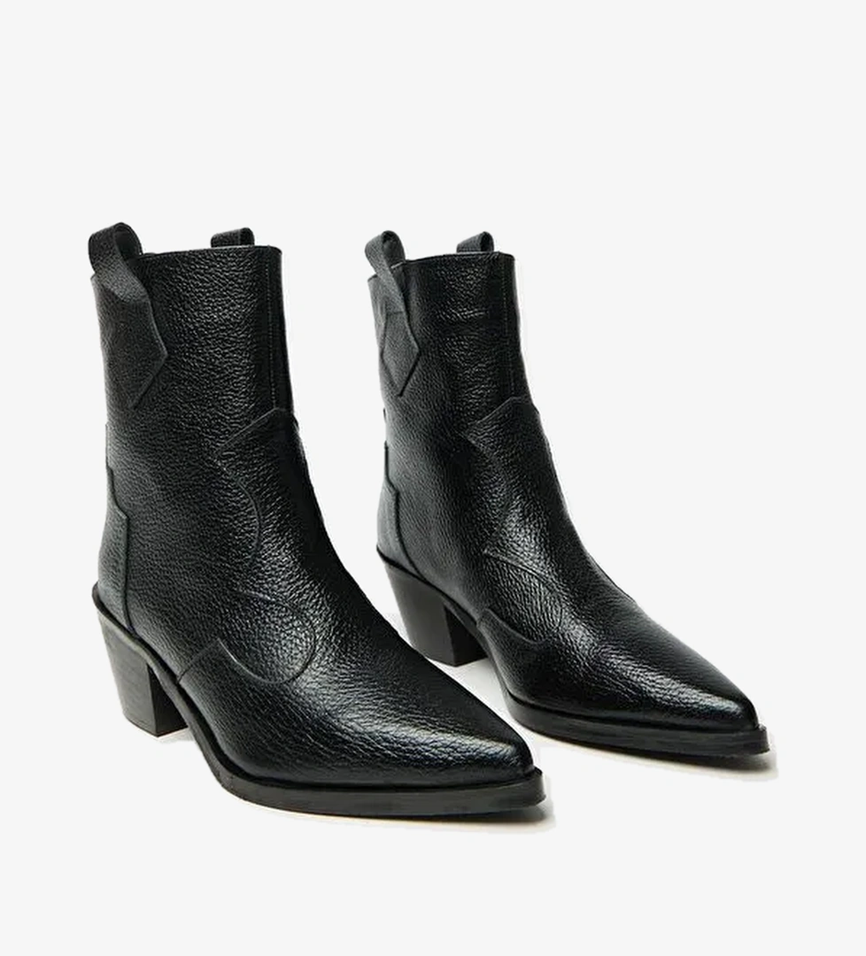 Kadın Siyah Hakiki Deri Western Kovboy Bot – Sivri Burun Topuklu - Görsel 1