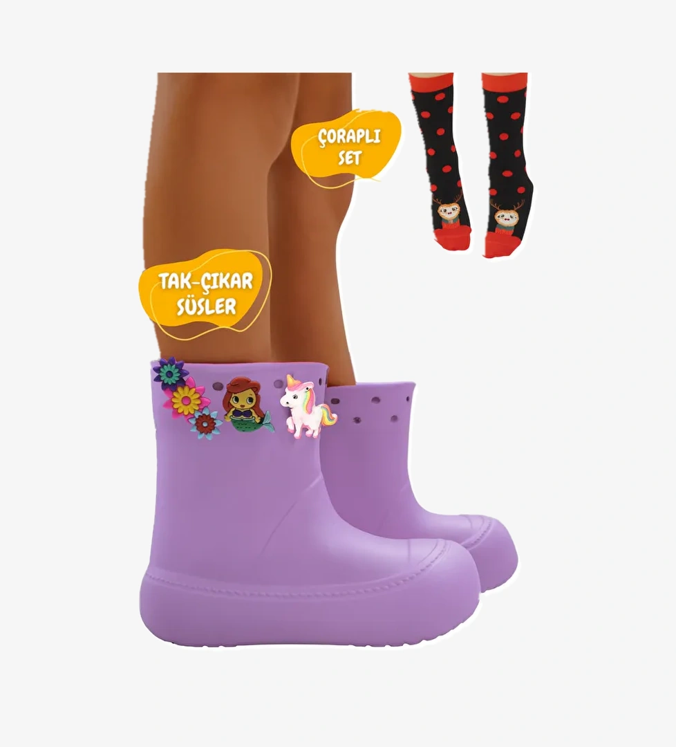 Casabony Lila Kız Çocuk Yağmur Botu & Çorap Set model görseli