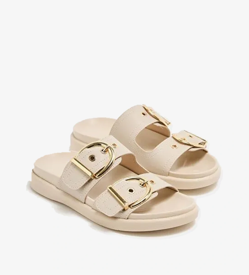 Çift Tokalı Günlük Terlik Krem