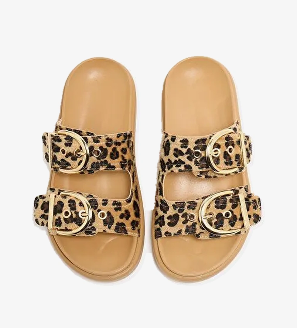 Çift Tokalı Günlük Terlik Leopar Vizon