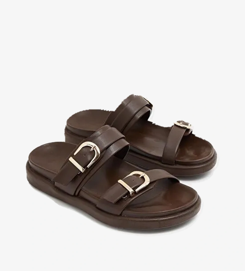 Trend Çift Tokalı Terlik Kahverengi