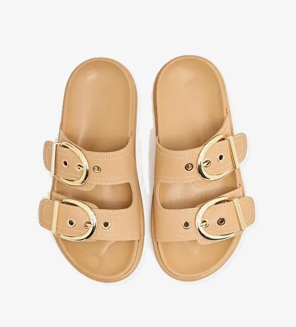 Çift Tokalı Günlük Terlik Vizon - Görsel 1