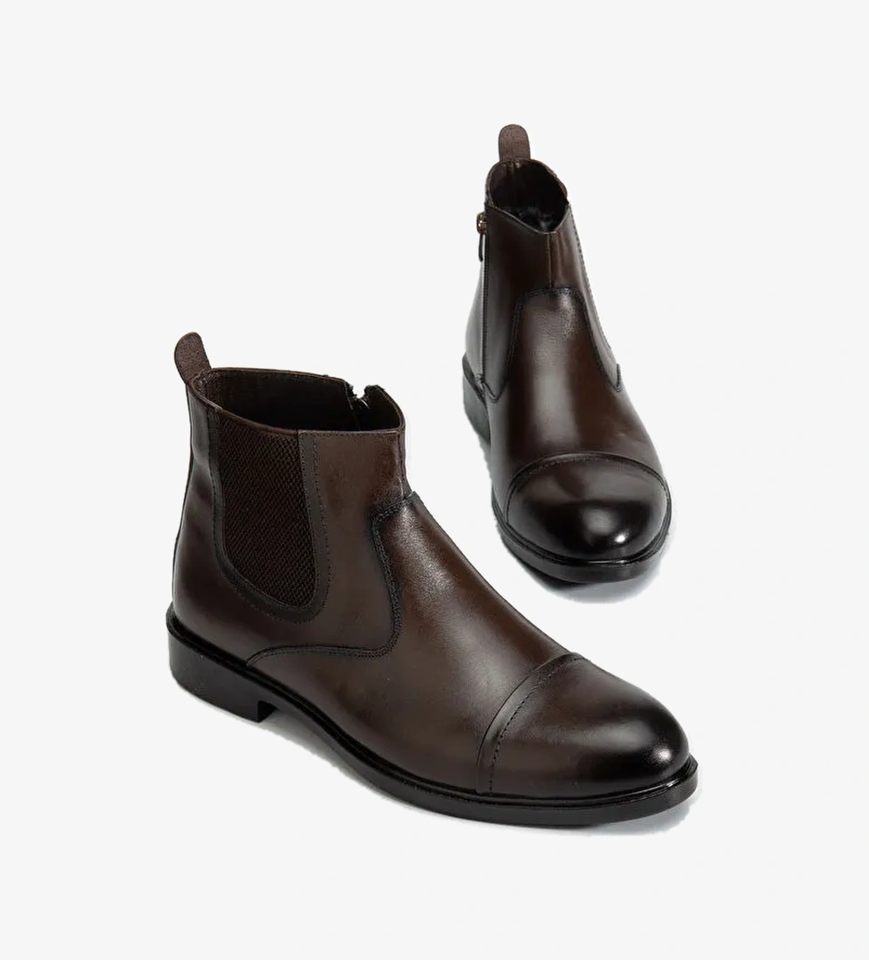 D2161 Hakiki Deri Içi Kürklü Fermuarlı Soğuk Geçirmez Erkek Bot