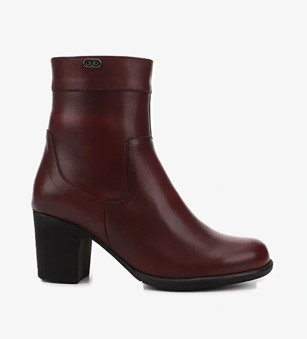 Kadın AÇIK BORDO Fermuarlı Kalın Topuklu Hakiki Deri Bot
