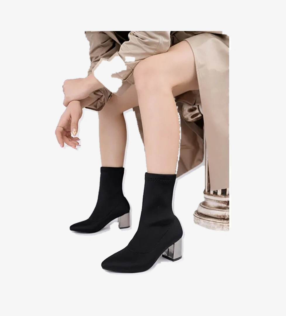 GRANDE Sivri Burun Kalın Topuklu Kadın Streç Bot - Görsel 1