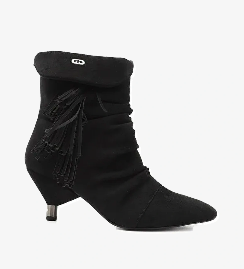 Kadın KOYU SİYAH Püsküllü Sivri Burun İnce Topuklu Bot - Görsel 1