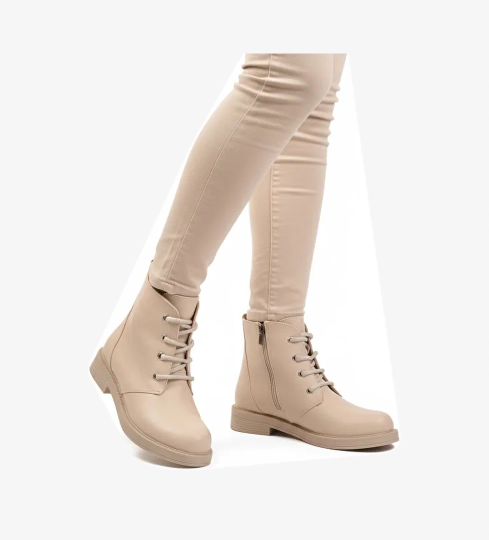 Bej Cilt Bağcıklı Fermuarlı Kaymaz Kadın Bot 284098 Z