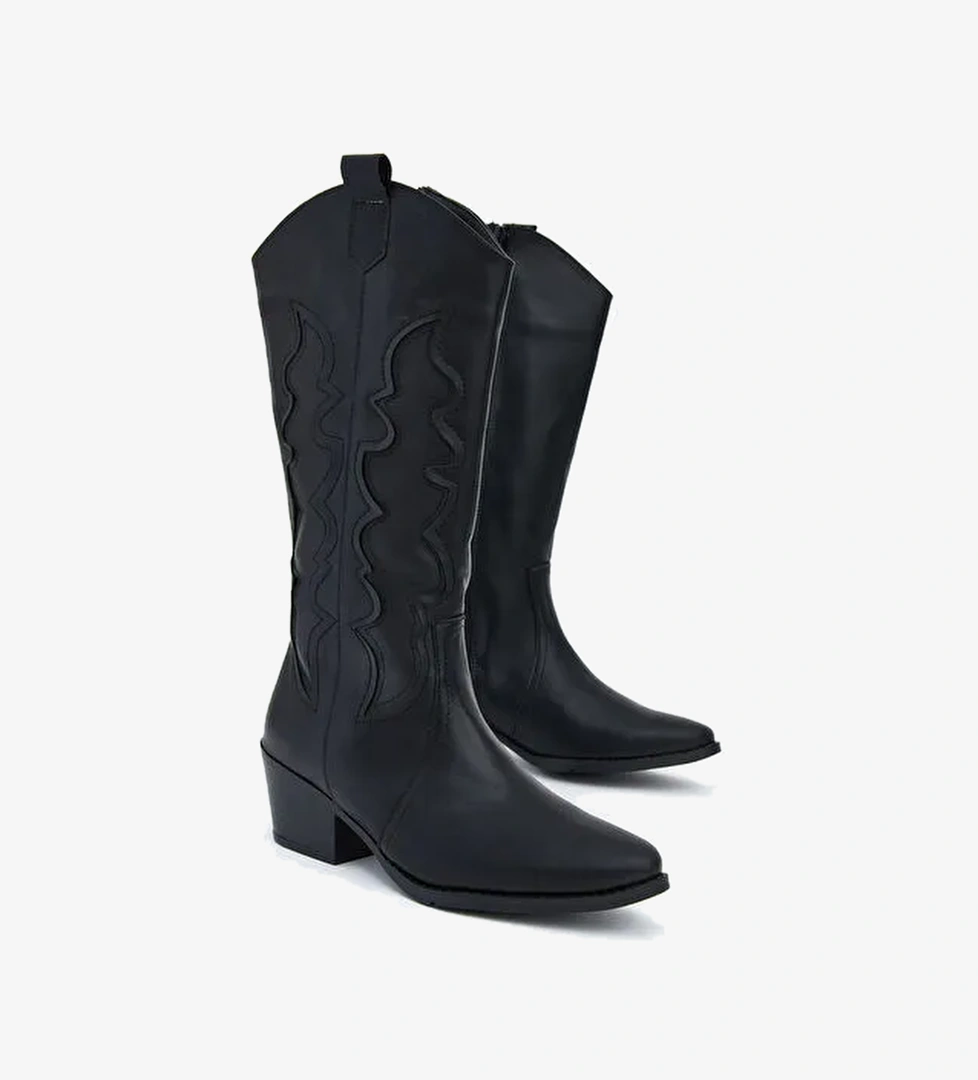 Deri Görünümlü Kadın Kovboy Çizme - Görsel 1