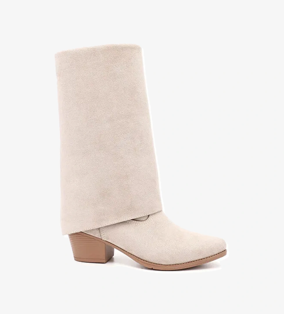 Kadın BEJ Sivri Burun Kalın Topuklu Kovboy Çizme