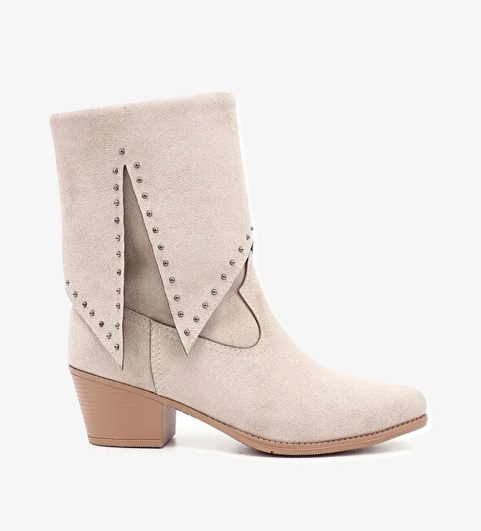 Kadın BEJ Sivri Burun Kalın Topuklu Kovboy Çizme