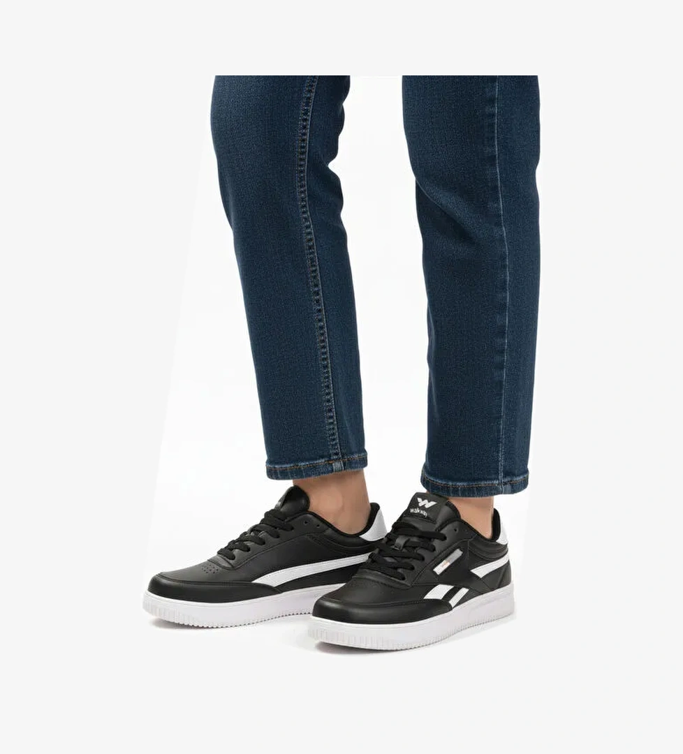 Siyah Beyaz Bağcıklı Hafif Cilt Erkek Spor Ayakkabı Marlow M - Görsel 1