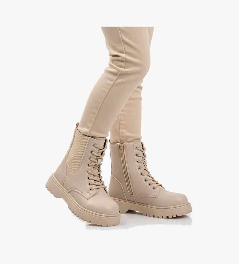 Bej Polarlı Kaymaz Soğuğa Dirençli Deri Çocuk Bot Tuno 07 F