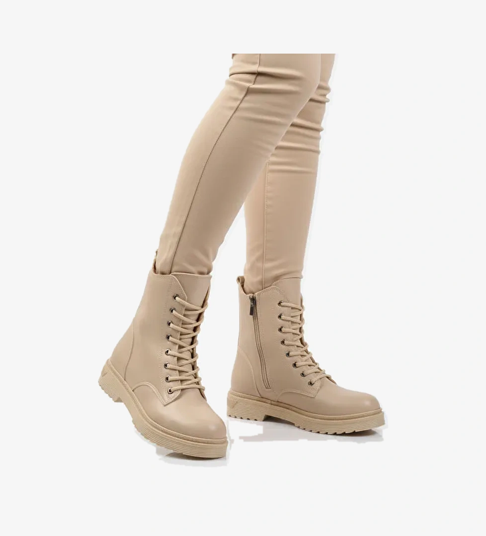 Bej Cilt Kürklü Bağcıklı Fermuarlı Kaymaz Kadın Bot 525383 Z