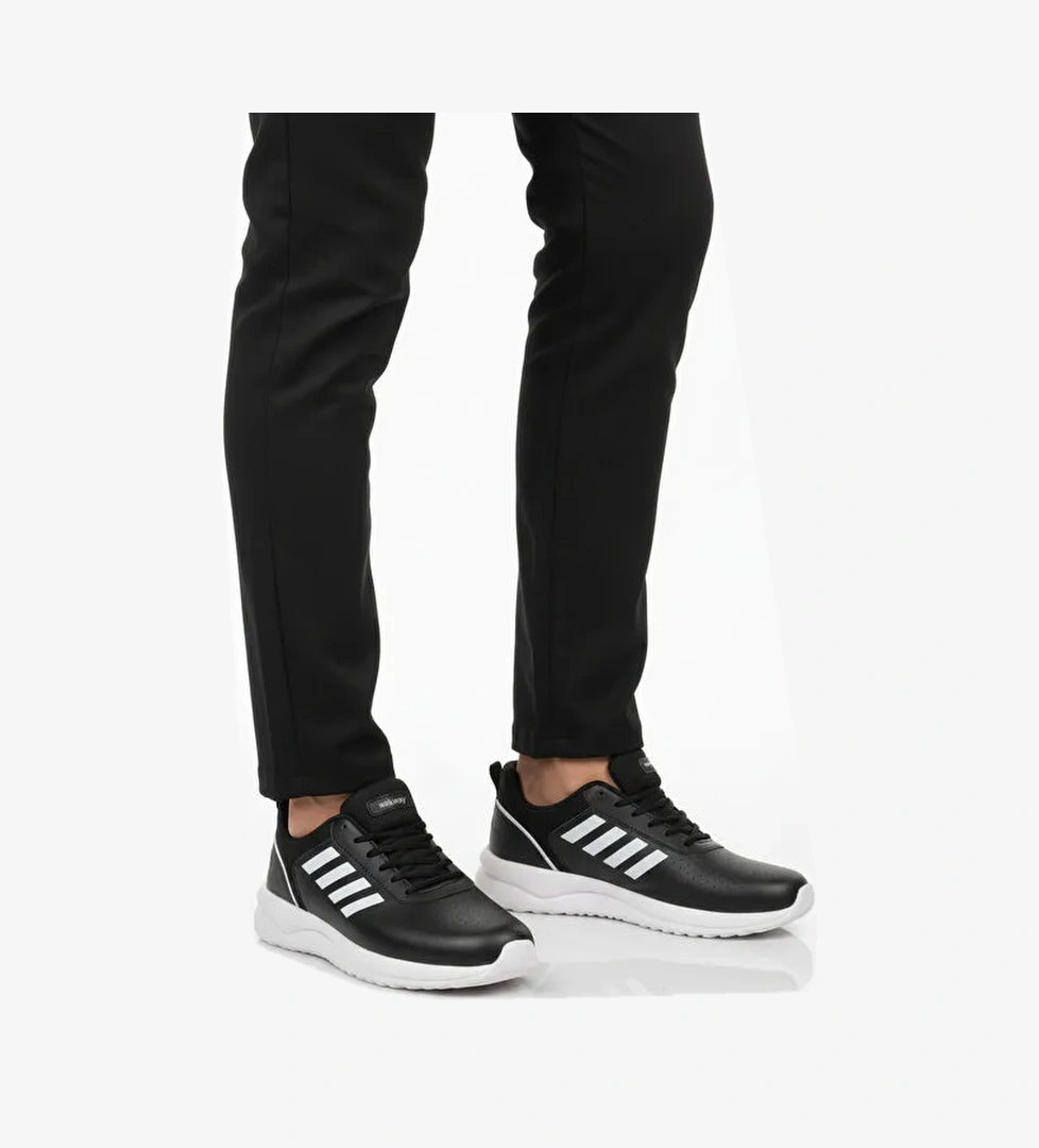 Siyah Beyaz Bağcıklı Hafif Esnek Erkek Spor Ayakkabı Nereus M