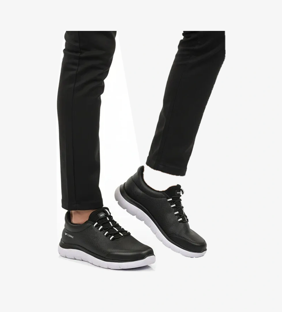 Siyah Beyaz Bilekten Lastikli Erkek Spor Ayakkabı Flexible Pu M