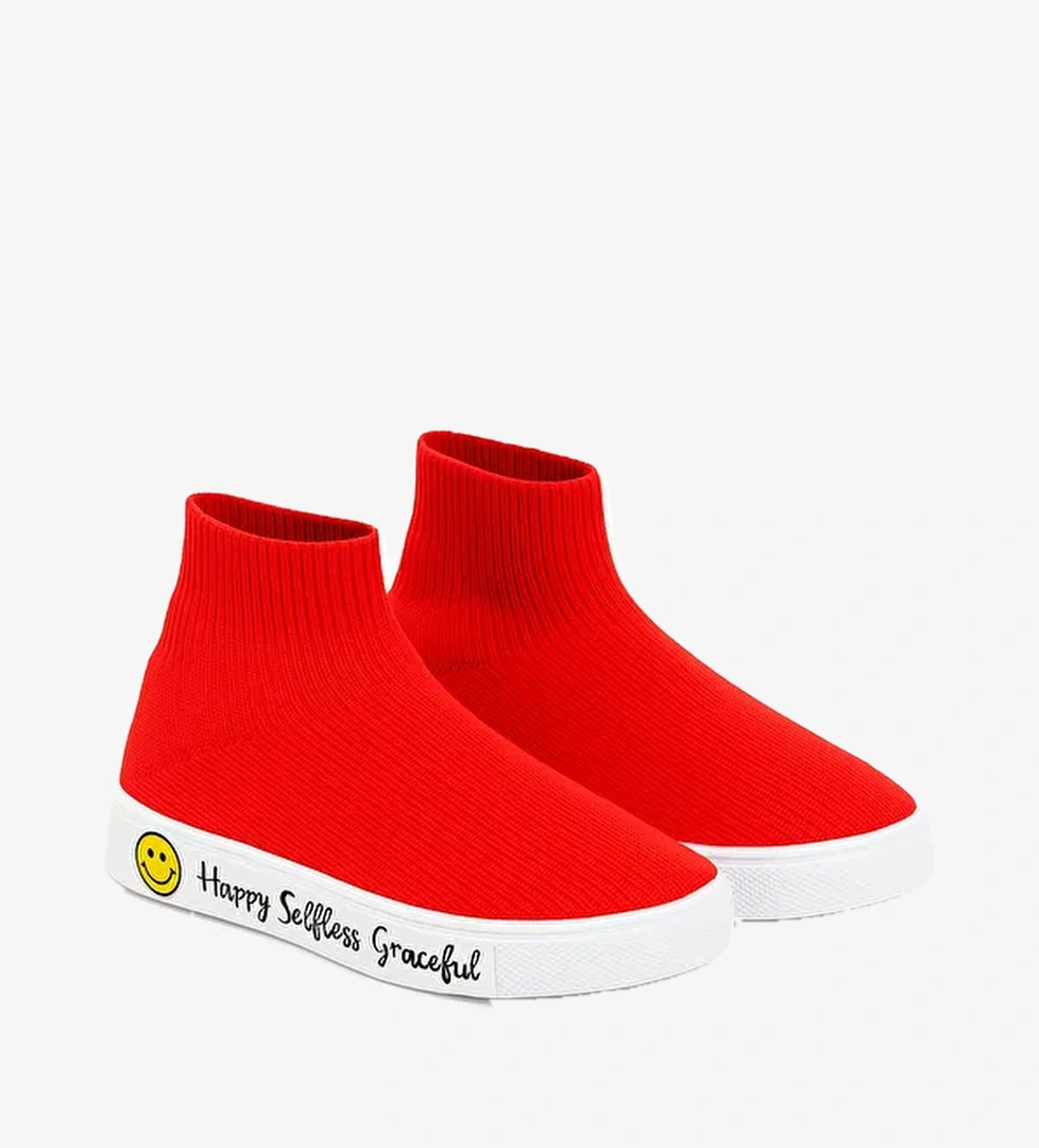 Çocuk Gülen Yüz Tabanlı Çorap Ayakkabı Kırmızı