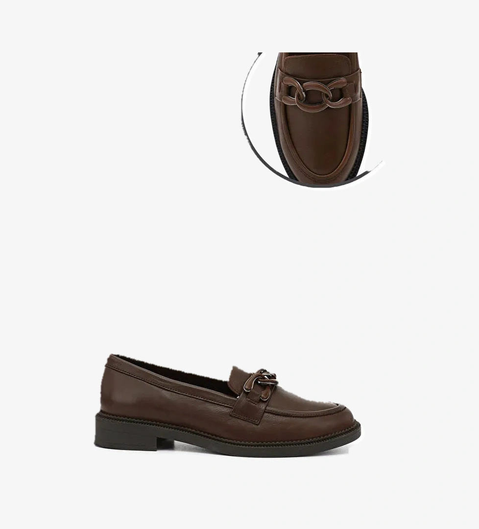 Kadın TÜTÜN KAHVE Tokalı Hakiki Deri Loafer Ayakkabı - Görsel 1