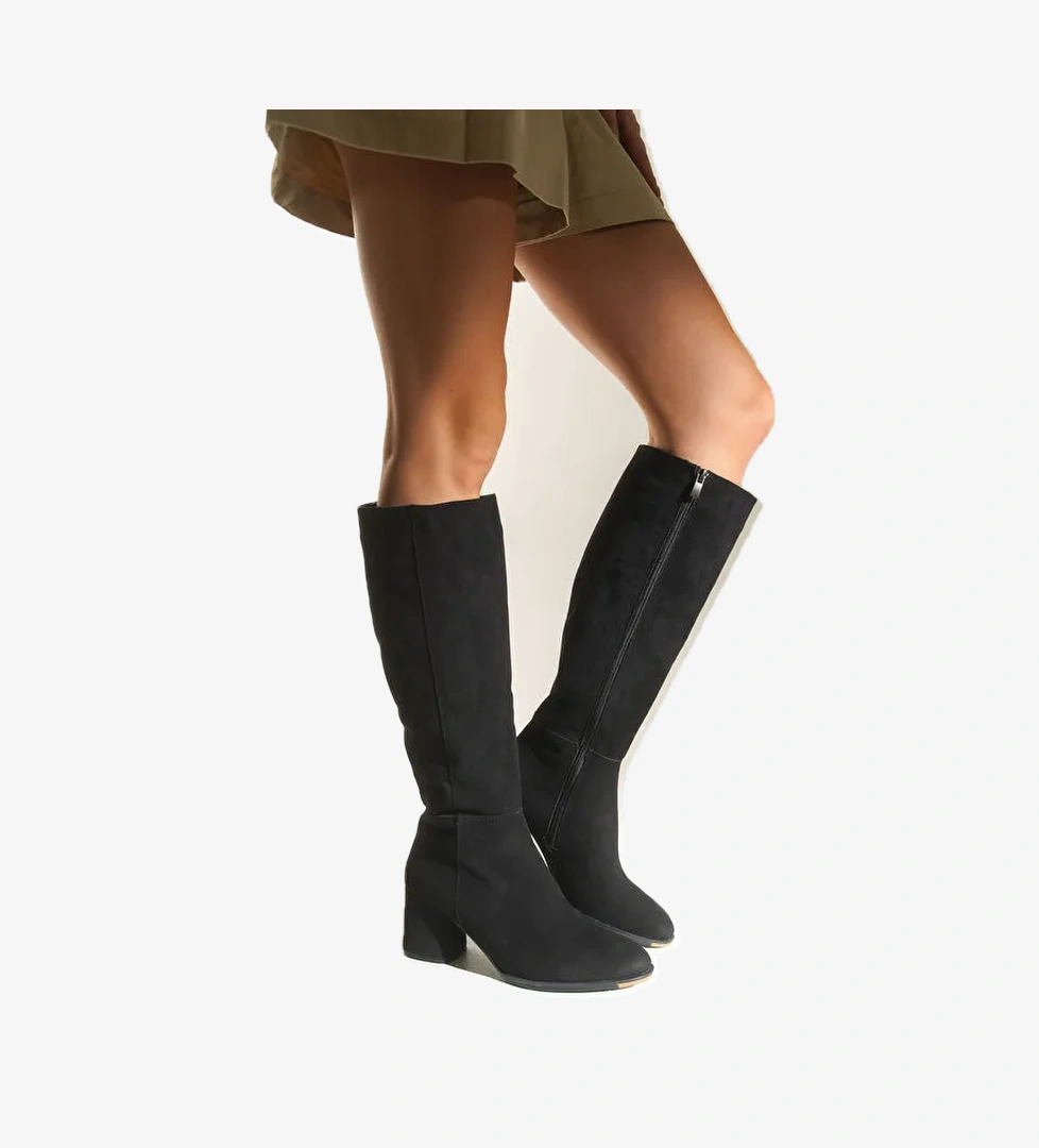 Cathrine Oval Burunlu Yandan Fermuarlı Topuklu Süet Kadın Çizme - Görsel 1