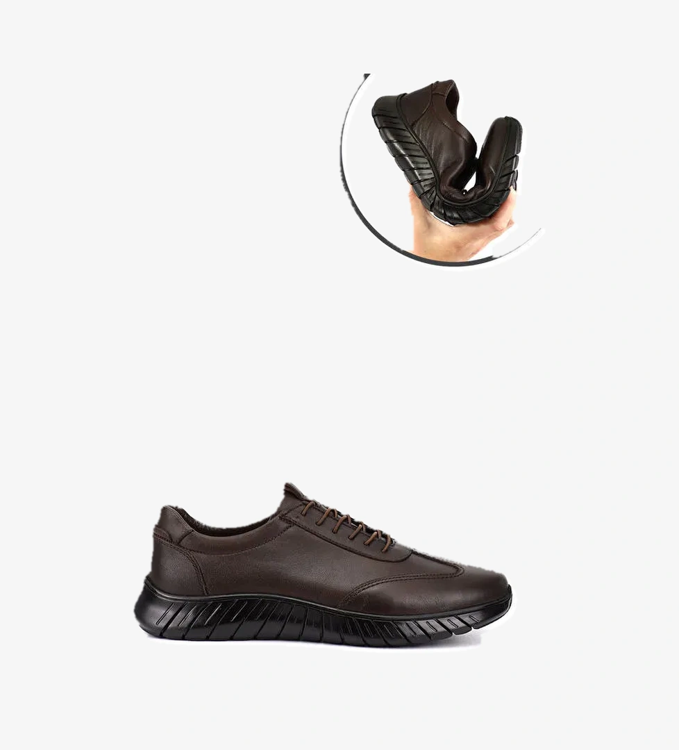Erkek TÜTÜN KAHVE Bağcıklı Kauçuk Taban Hakiki Deri Sneaker - Görsel 1