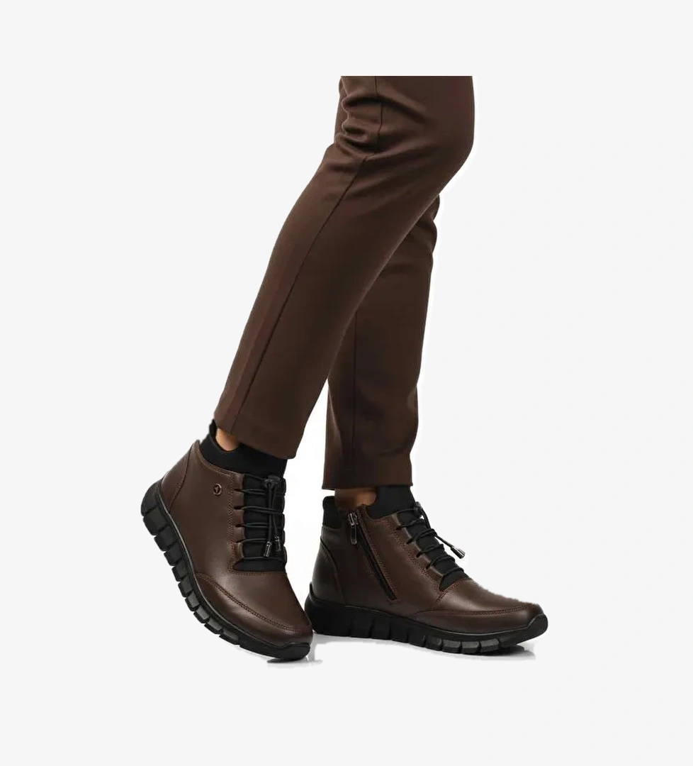 Kahve Hakiki Deri İçi Polarlı Kaymaz Fermuarlı Kadın Bot 3615 Z - Görsel 1