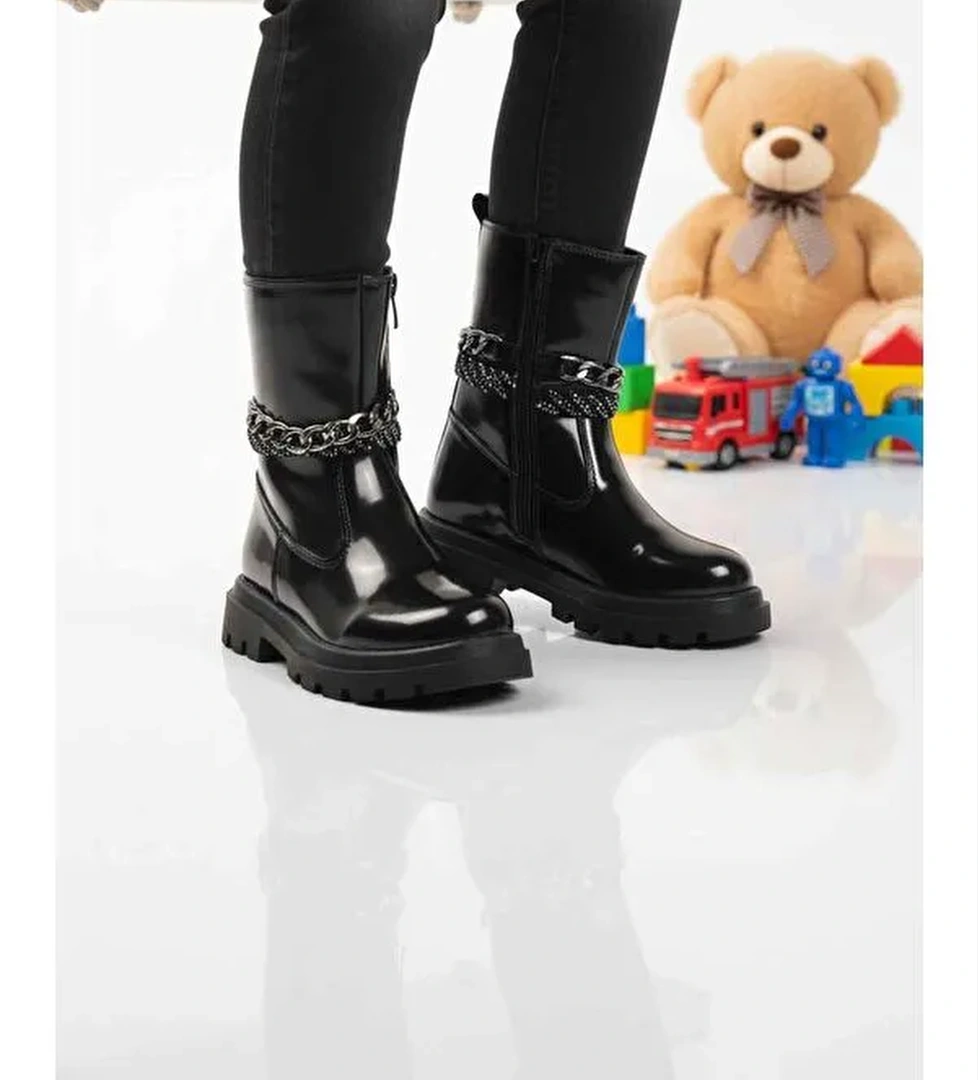 Siyah Rugan İçi Polarlı Kaymaz Kız Çocuk Çizme Duru F