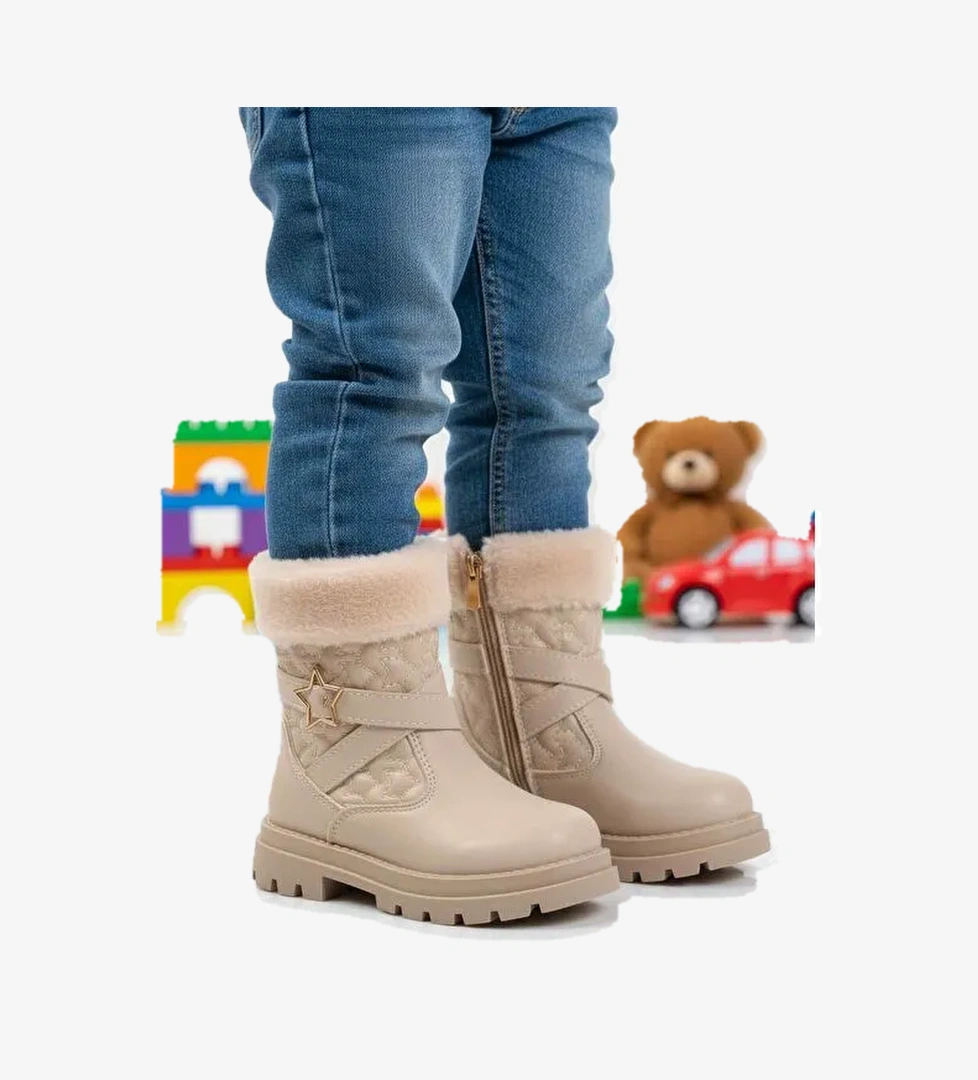 Ayakmod Siyah Bej İçi Polarlı Fermuarlı Kız Çocuk Bot Evla P model görseli