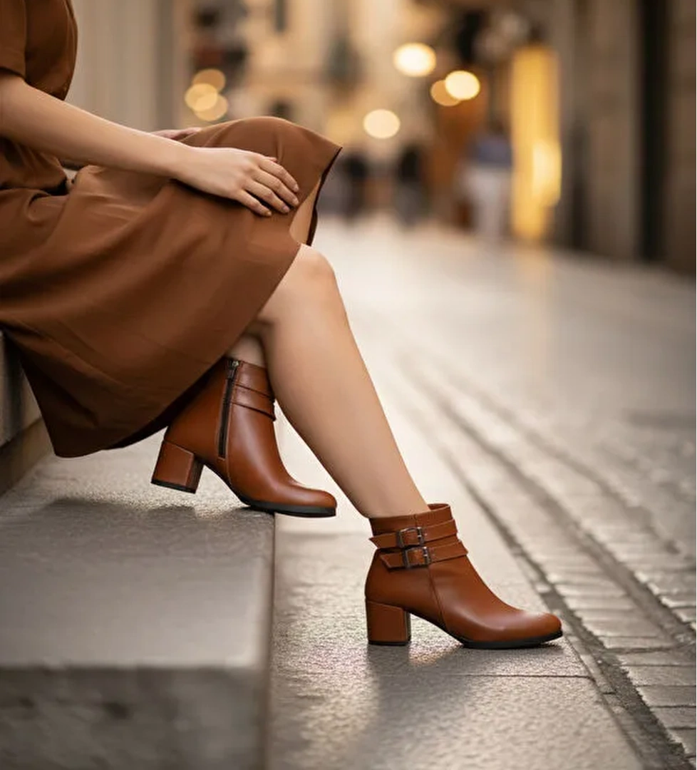 Kadın Hermina Çift Tokalı Taba Cilt Kısa Bot