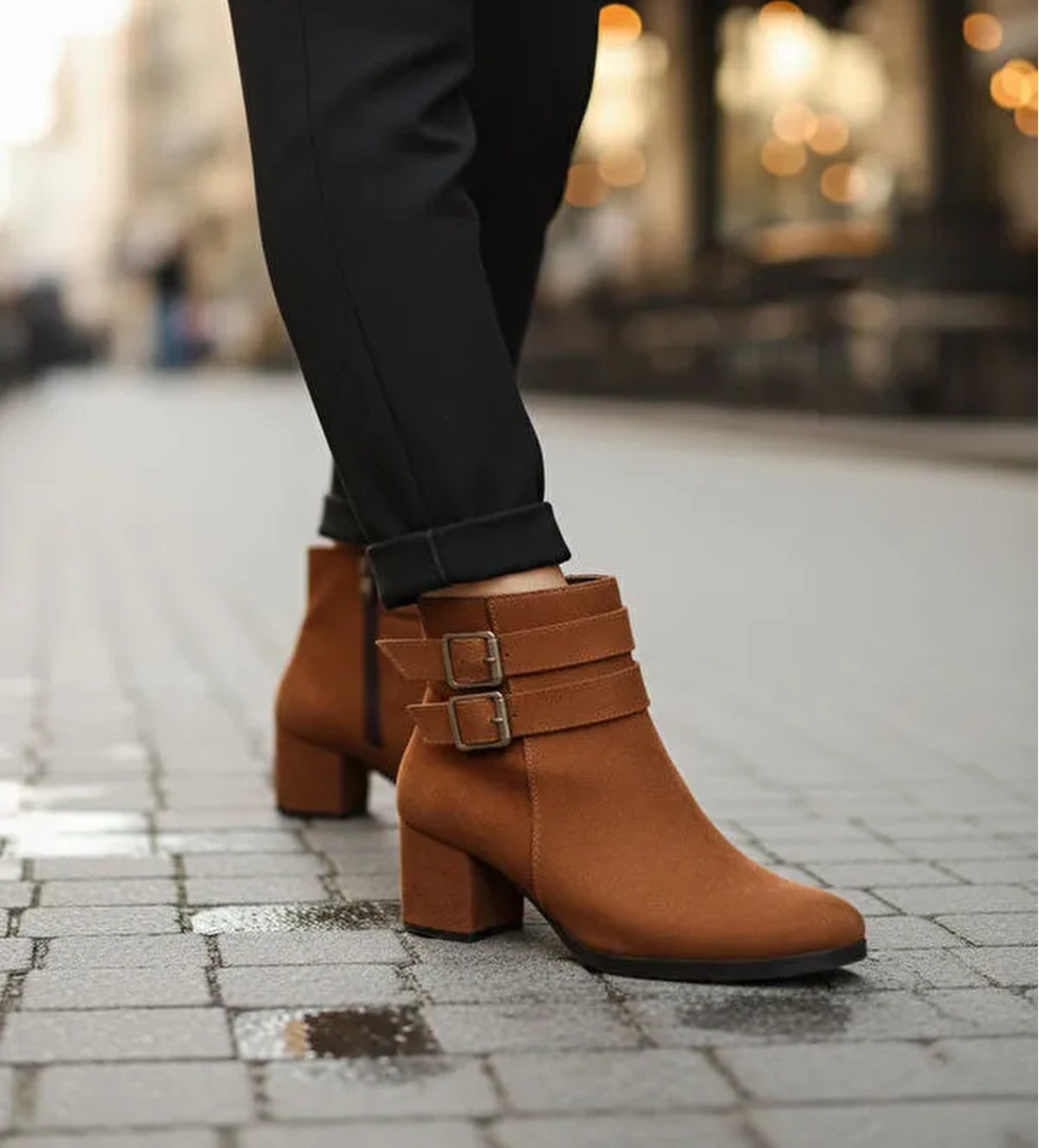 Kadın Hermina Çift Tokalı Taba Süet Kısa Bot