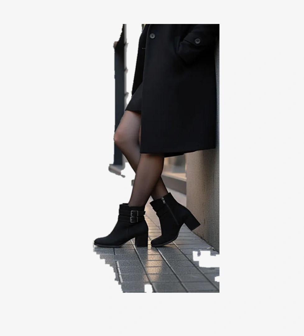 Kadın Hermina Çift Tokalı Siyah Süet Kısa Bot